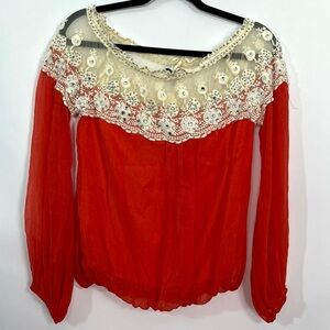 RYU Beaded Sequin Orange with Ivory Lace Off Shoulder Top Loose Sleeves Sz Small